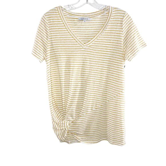 Olivaceous White Gold Stripe Twist Front Scoop Neck Linen Blend Tee Shirt Small - Picture 1 of 6